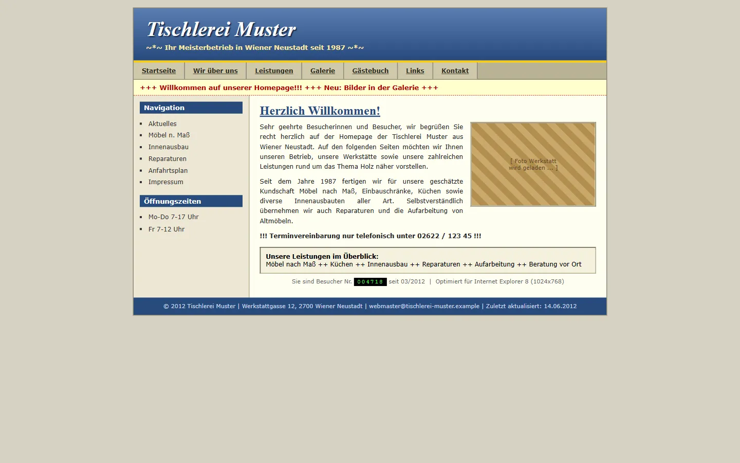 Veraltete Beispielseite der fiktiven Tischlerei Muster, wie sie 2012 üblich war
