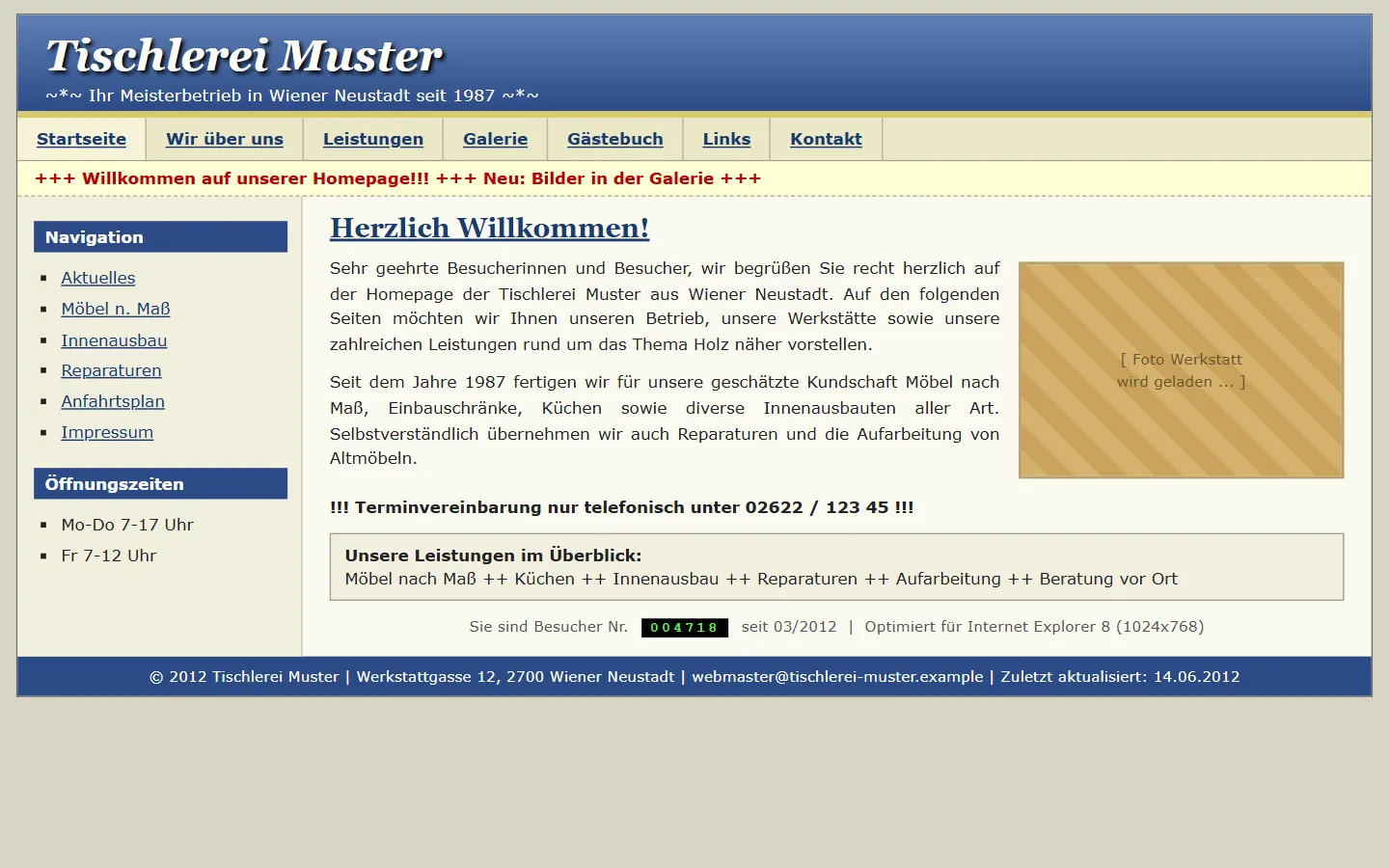 Veraltete Beispielseite der fiktiven Tischlerei Muster, wie sie 2012 üblich war