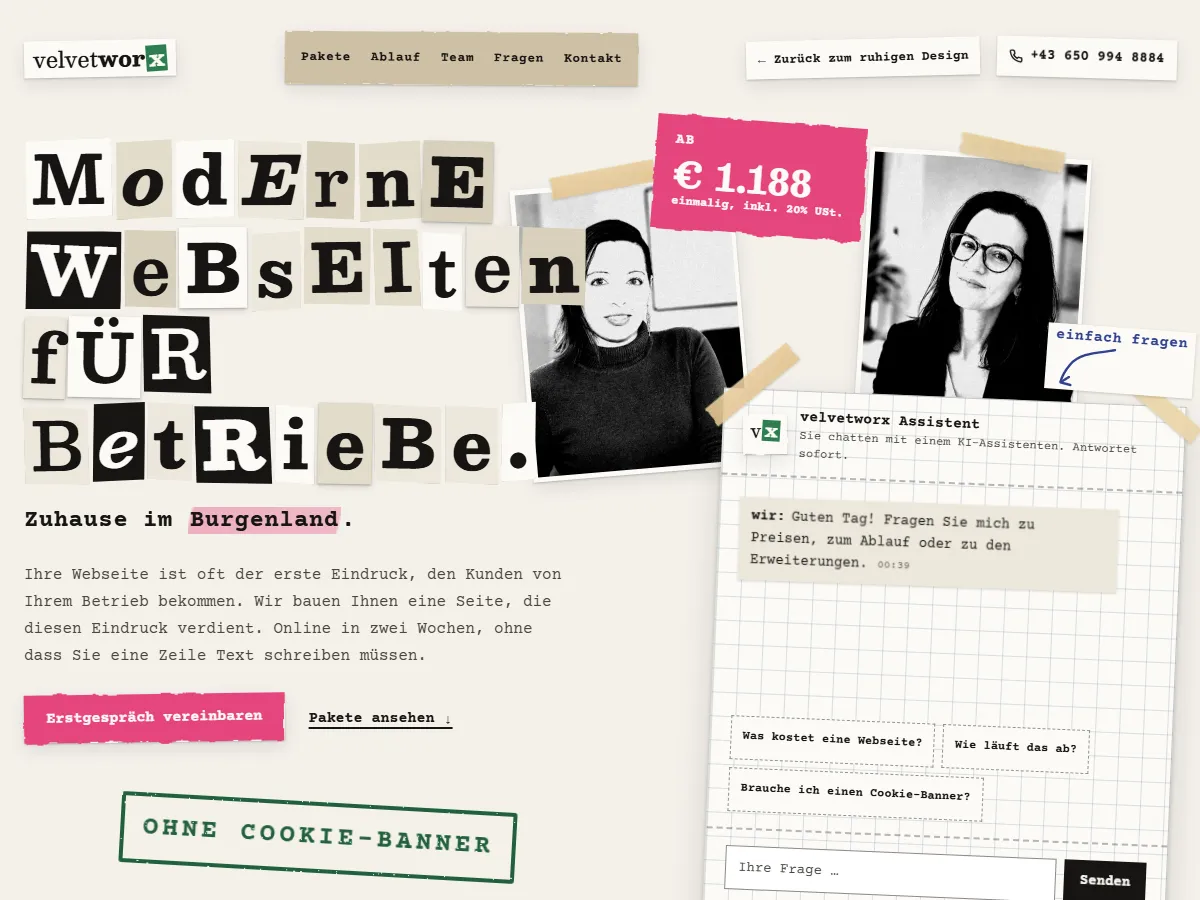 Dieselbe Startseite als Collage: geklebte Buchstaben, Fotokopie-Portraits, ein Karozettel als Chat